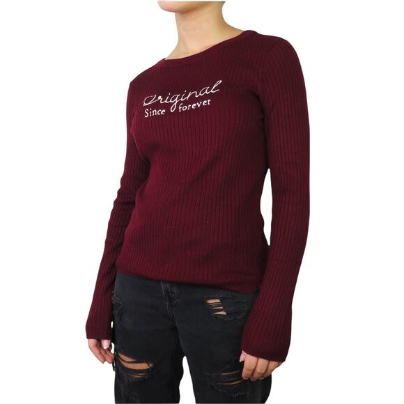 H&M Original Since Forever Burgundy Mroon Ribbed Knit Long Sleeve Top Small - Picture 5 of 6